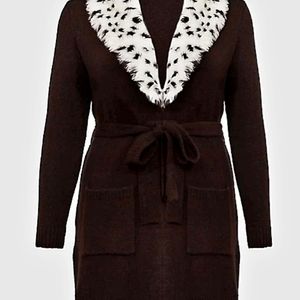 TORRID DISNEY VILLAINS CRUELLA DE VIL BLACK FAUX FUR SELF-TIE CARDIGAN